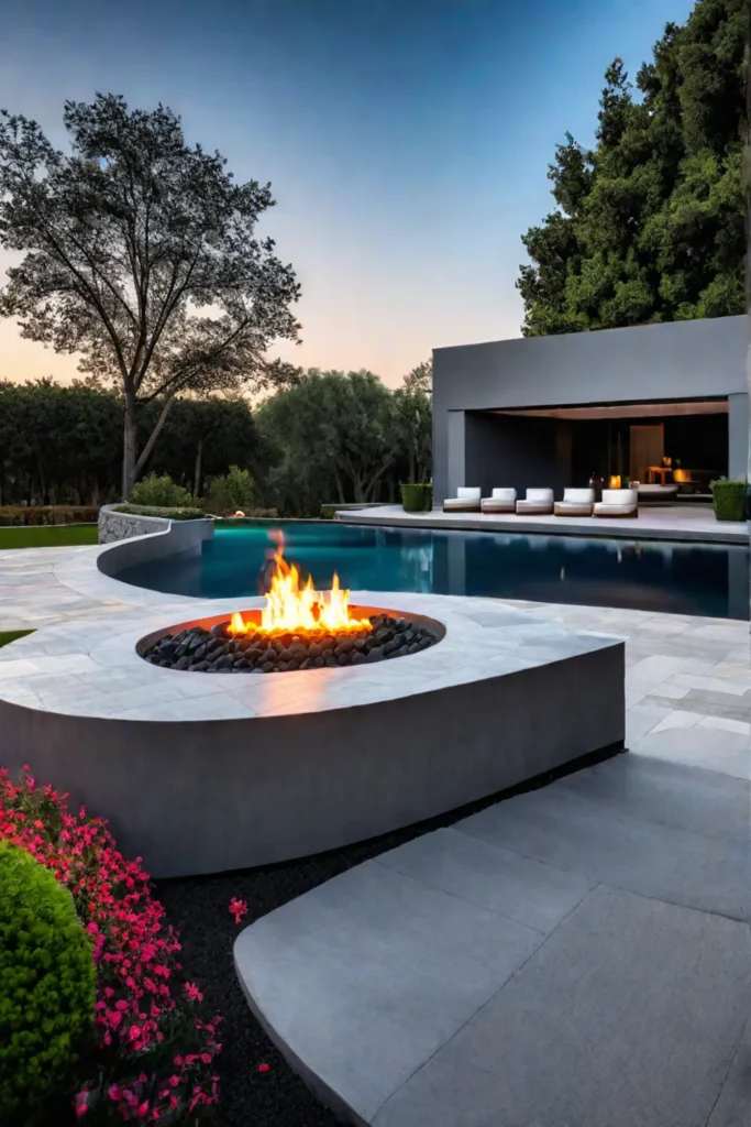 Elevated stone fire pit with builtin seating and a pool view