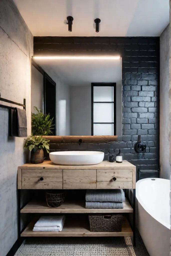 Exposed brick and black metal accents add an edgy touch to a modern bathroom