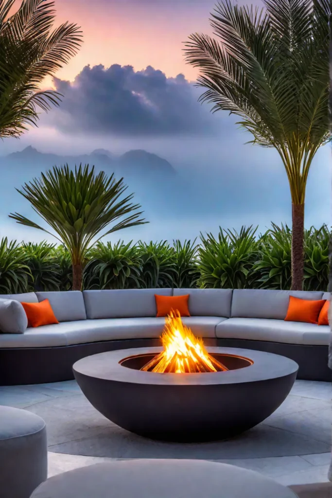 Fire bowl with curved benches and potted plants