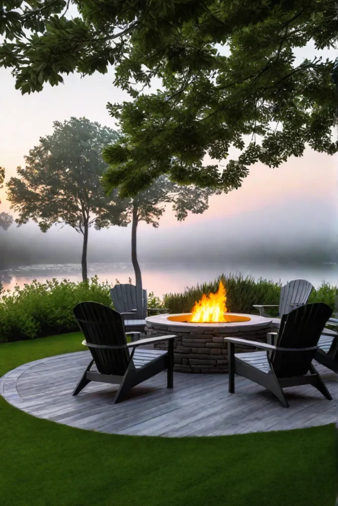 Fire pit overlooking a pond with seating