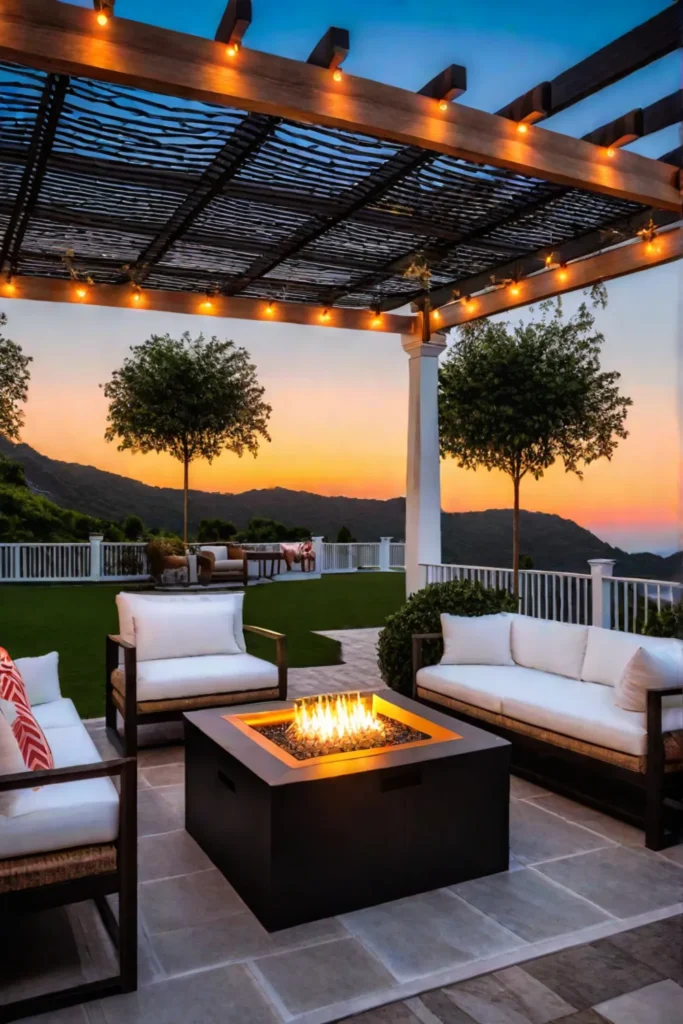 Fire pit patio with pergola and twinkle lights
