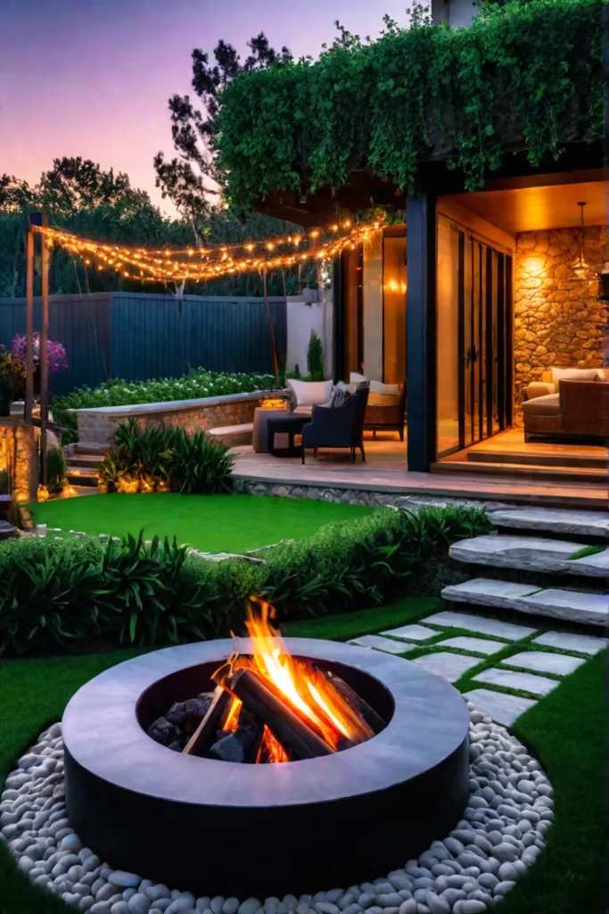 Fire pit patio with string lights and stone path