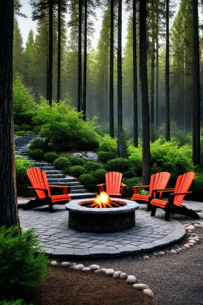 Fire pit with Adirondack chairs and a natural setting