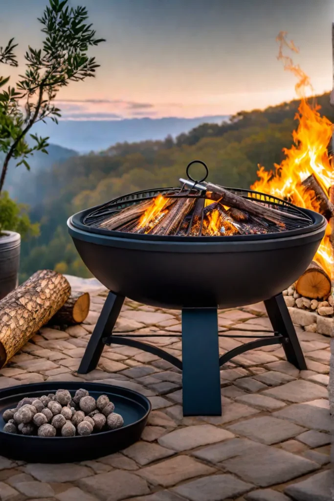 Fire pit with adjustable cooking grate and log rack