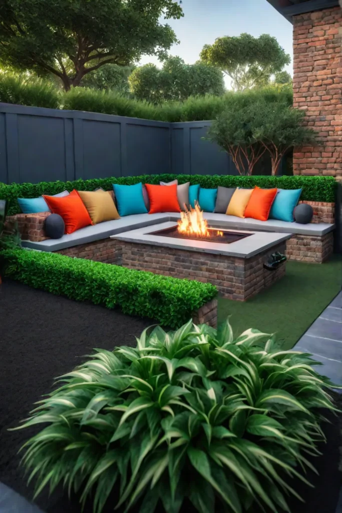 Fire pit with brick surround and builtin seating