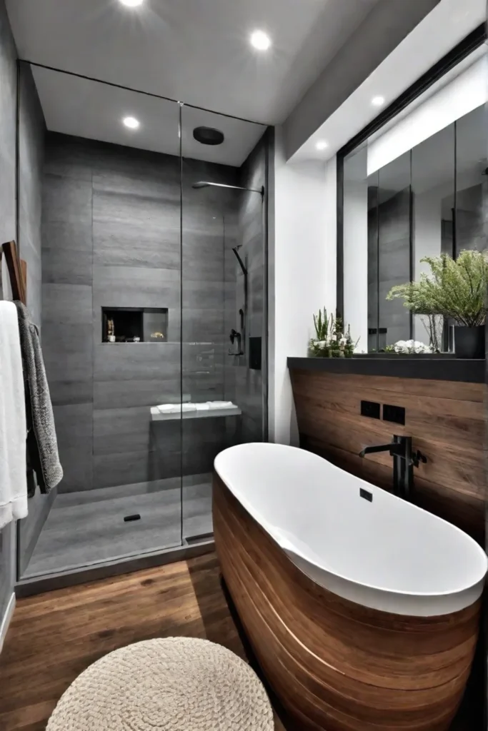 Freestanding bathtub and wallmounted vanity maximize space in a master bathroom