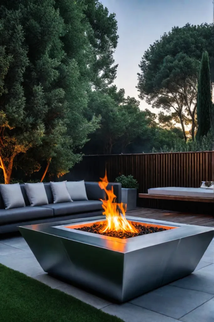 Galvanized steel tub firepit adds industrial chic to a modern patio