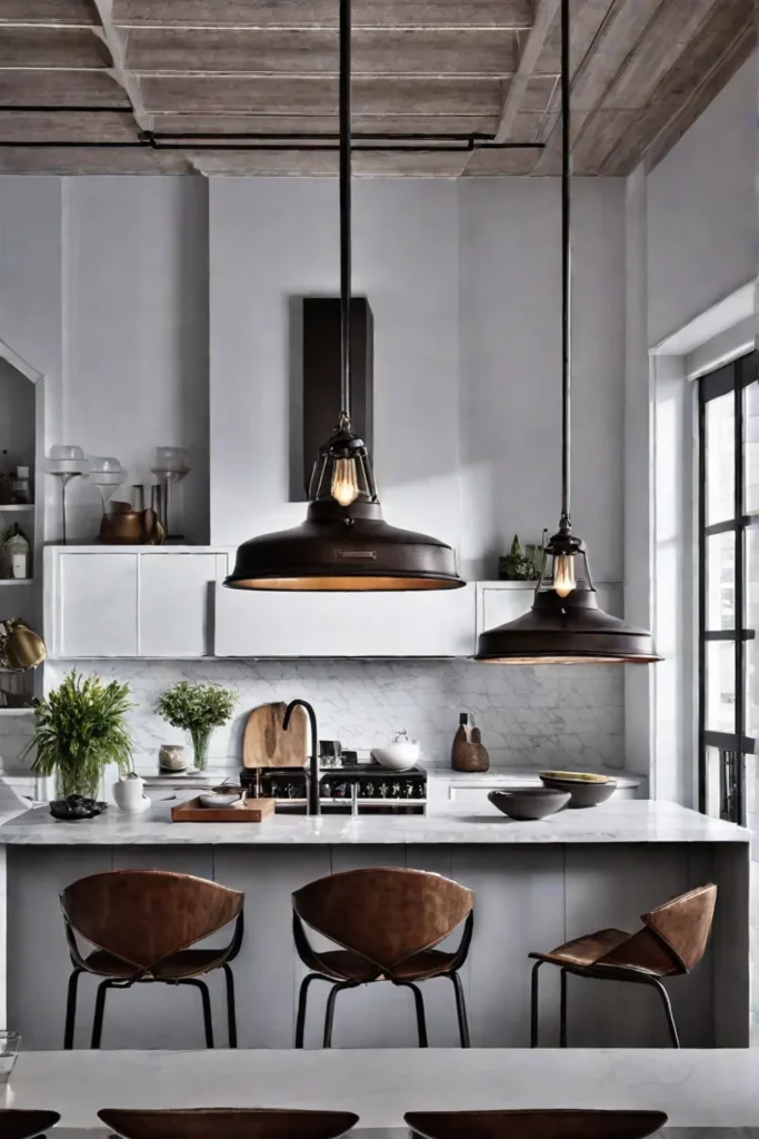 Industrial kitchen with metal pendant lights