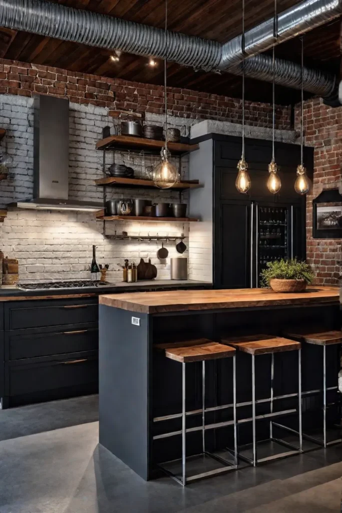 Industrial kitchen with mixed material pendant lights