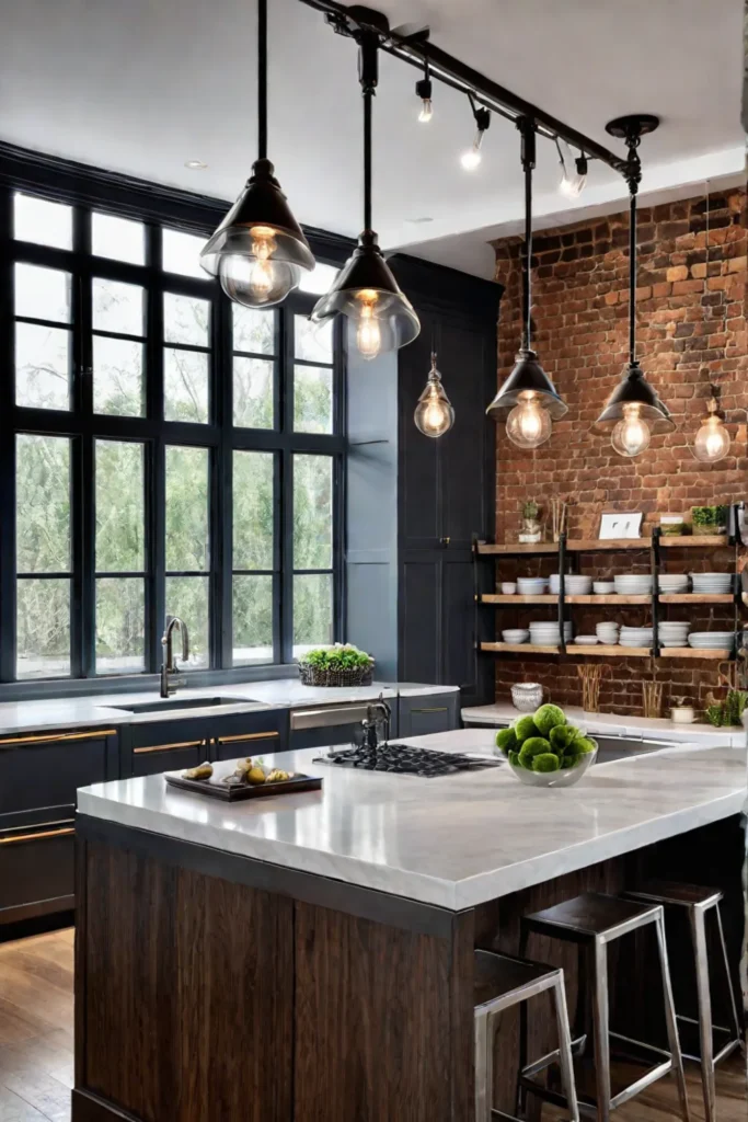 Industrial kitchen with track lighting pendant lights and exposed brick walls