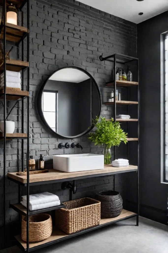 Industrialchic elements create a bold statement in a small master bathroom