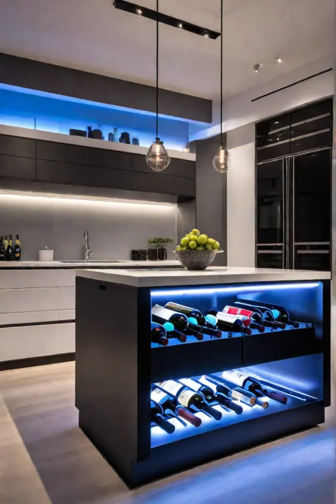 Kitchen island with a wine rack and LED strip lights