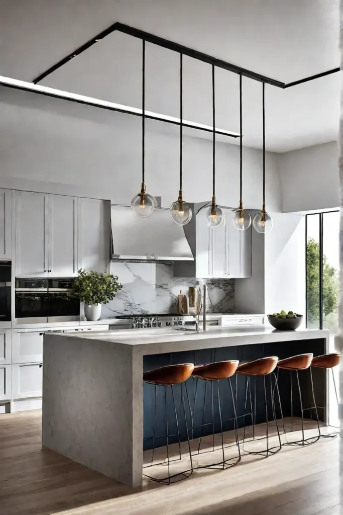 Kitchen island with pendant lights at varying heights