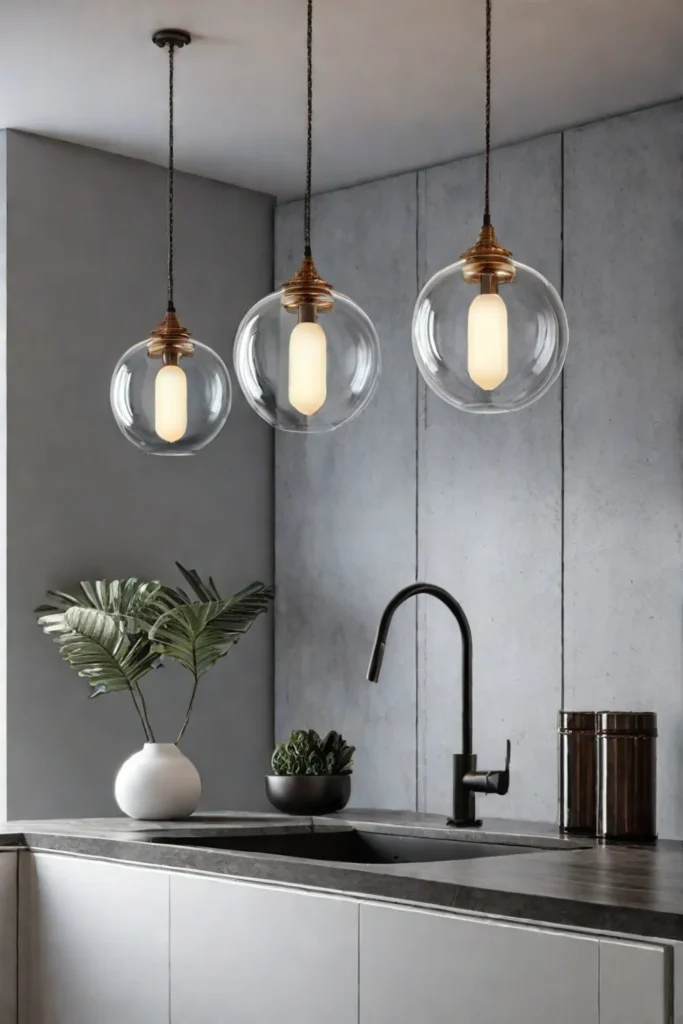 Kitchen sink with pendant lights and glass shades