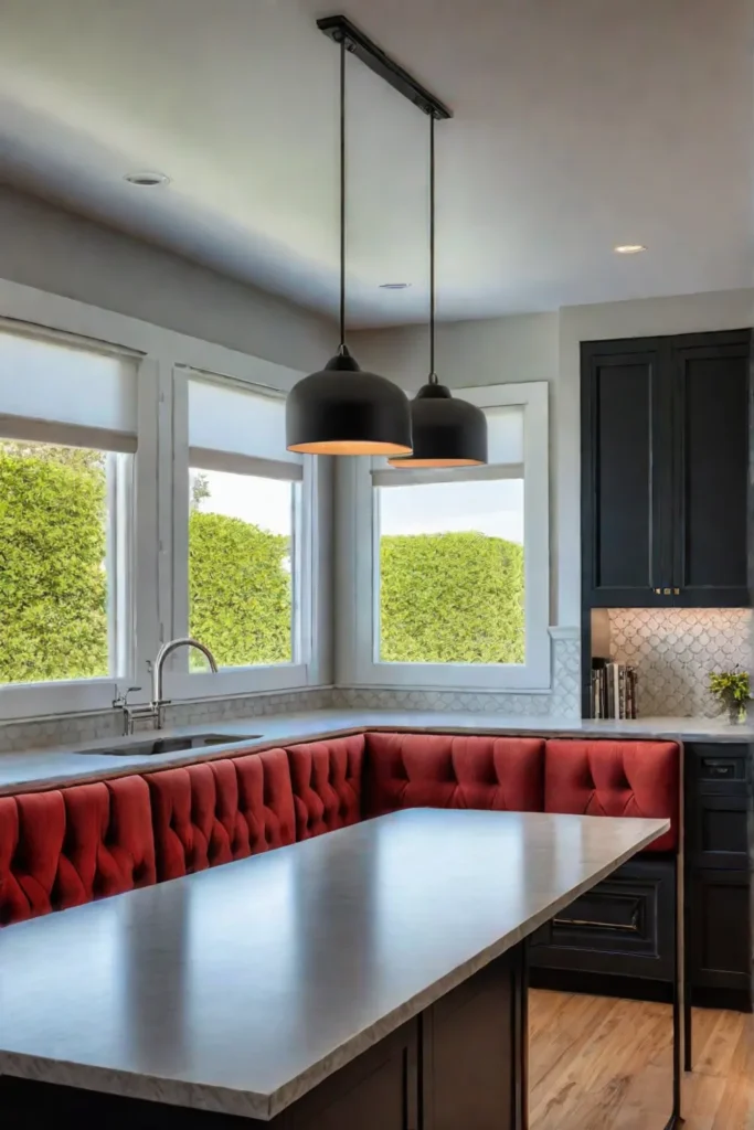 Kitchen with a breakfast nook featuring a pendant light sconces and undercabinet