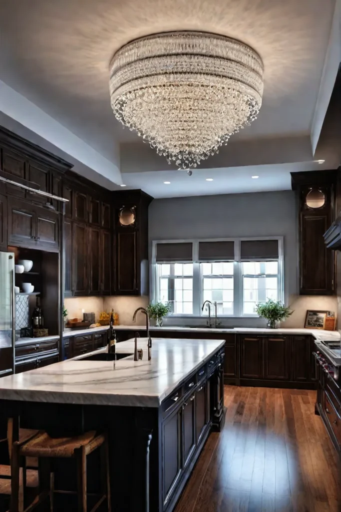 Kitchen with a high ceiling a chandelier and recessed and undercabinet lighting