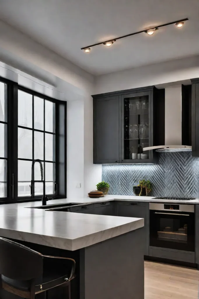 Kitchen with a statement backsplash highlighted by focused lighting and complemented by
