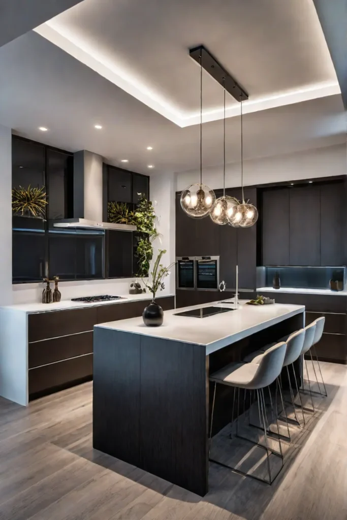 Kitchen with a waterfall island countertop lit by pendant lights and undercabinet