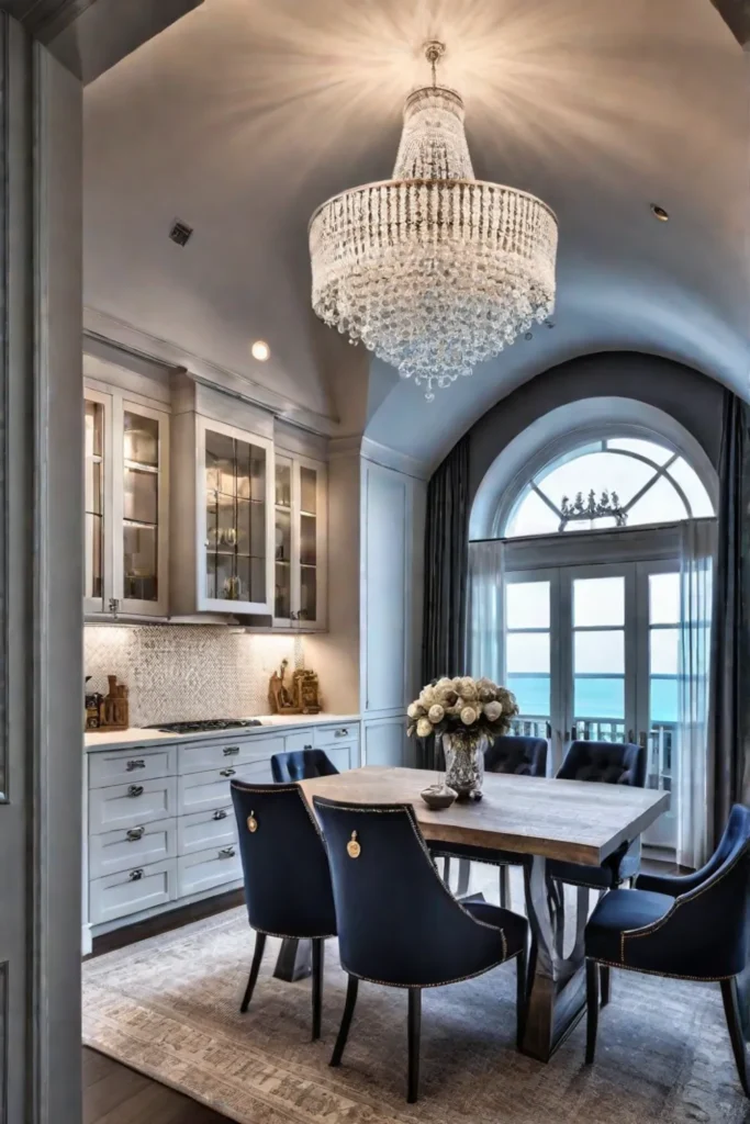 Kitchen with crystal chandelier