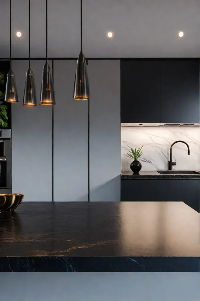 Kitchen with track lighting highlighting architectural features