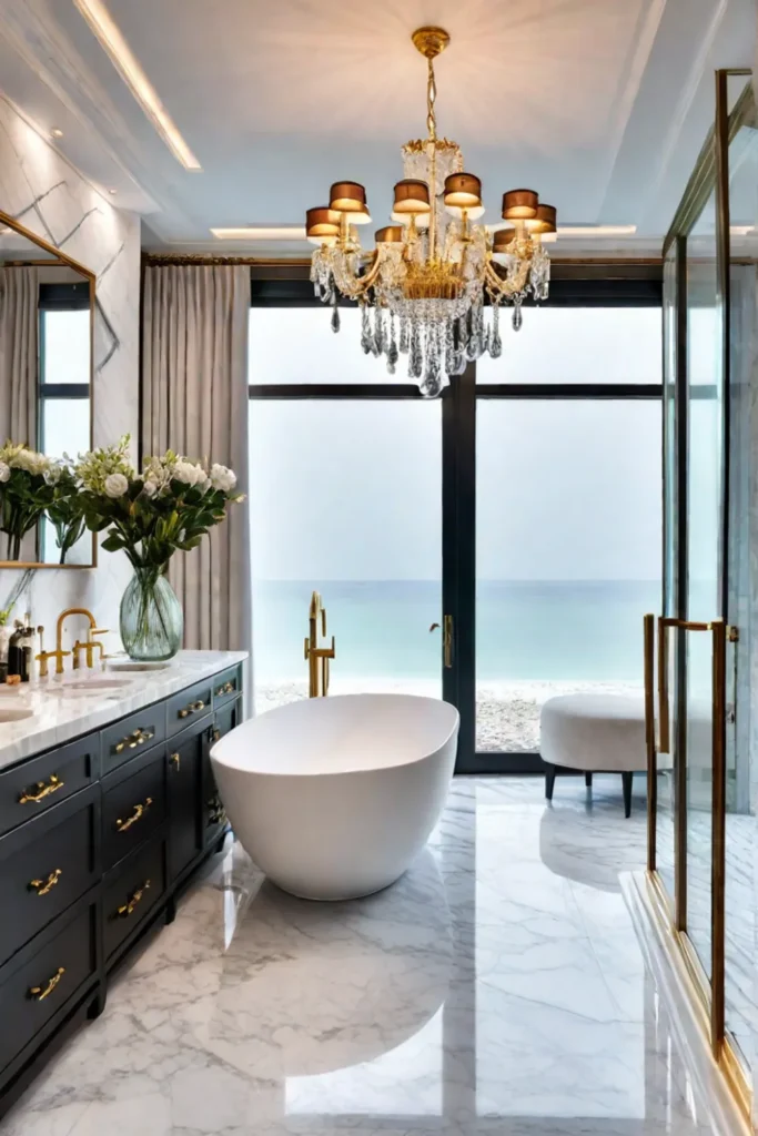 Luxury and functionality combine in a welllit master bathroom with a glass shower