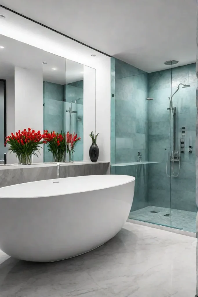 Luxury bathroom with organized storage and a spalike shower