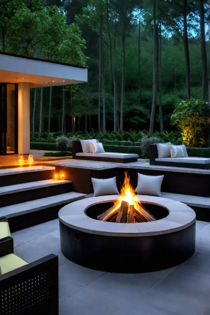 Luxury fire pit patio with natural stone and lanterns