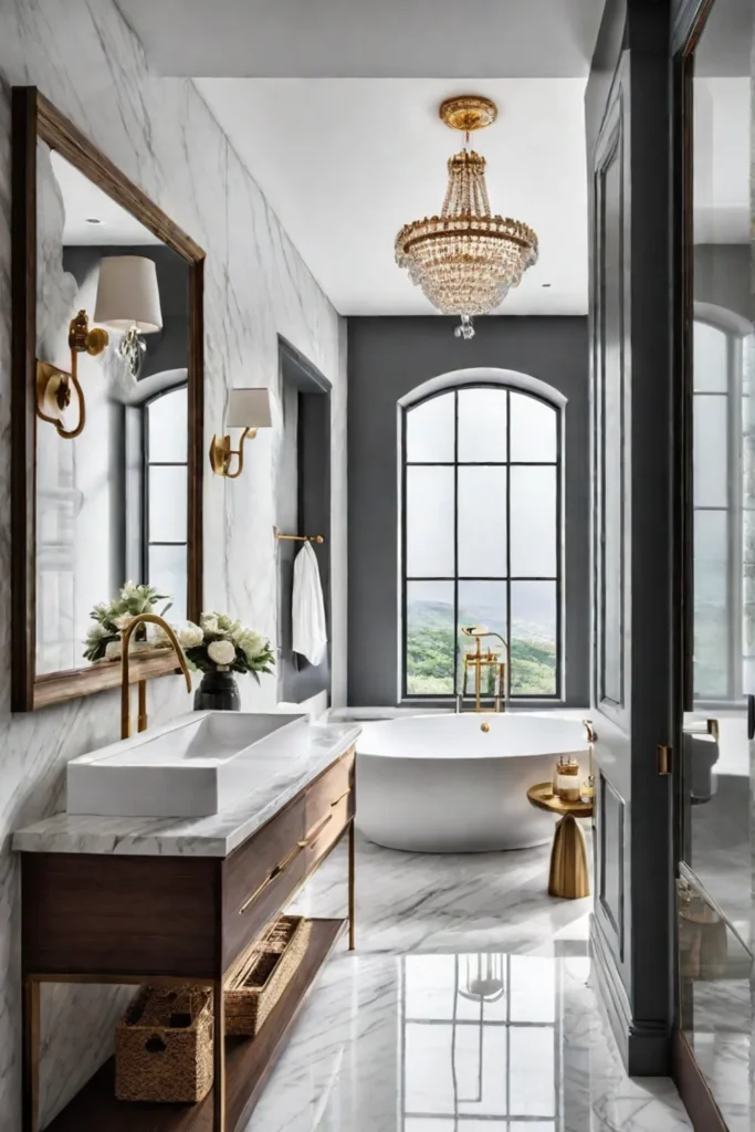 Marble and gold accents elevate a small master bathroom