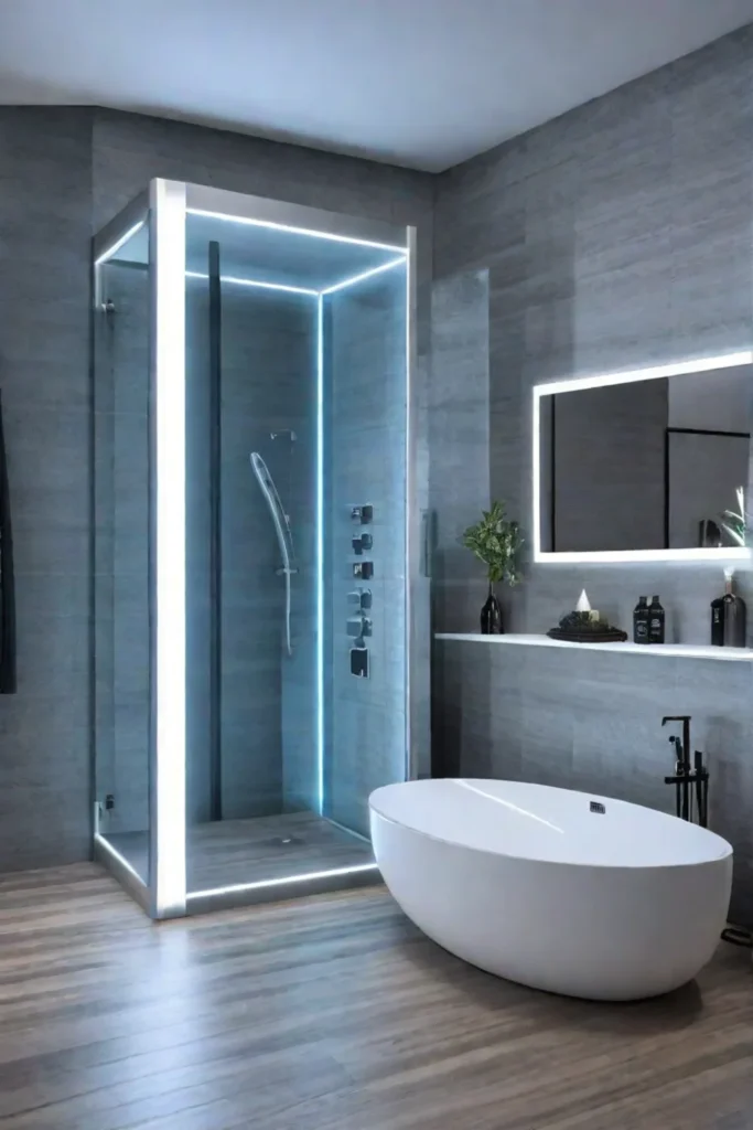 Master bathroom emphasizing wellness through the integration of smart technology in the mirror and toilet