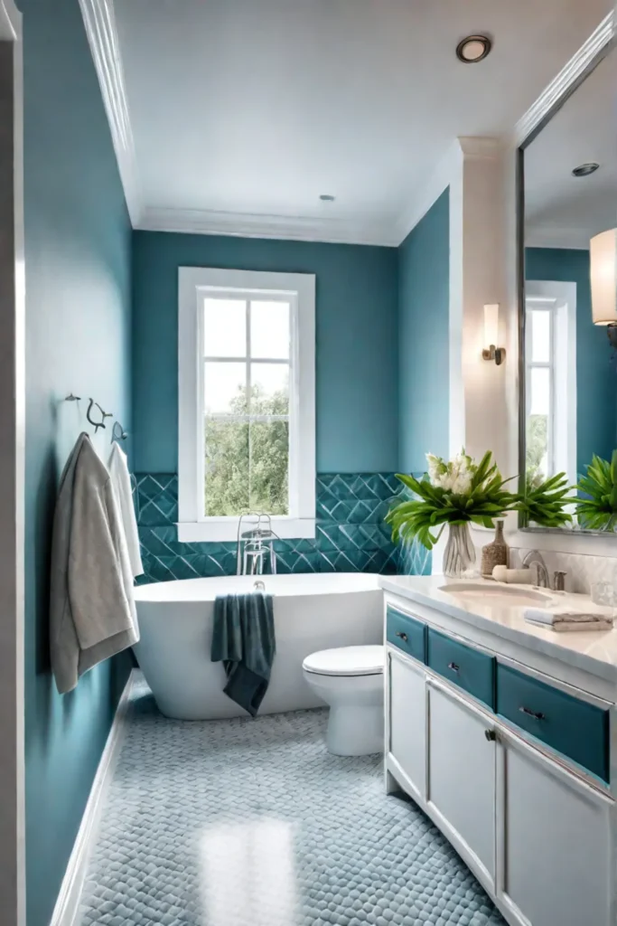 Master bathroom with a calming color palette of blues and greens