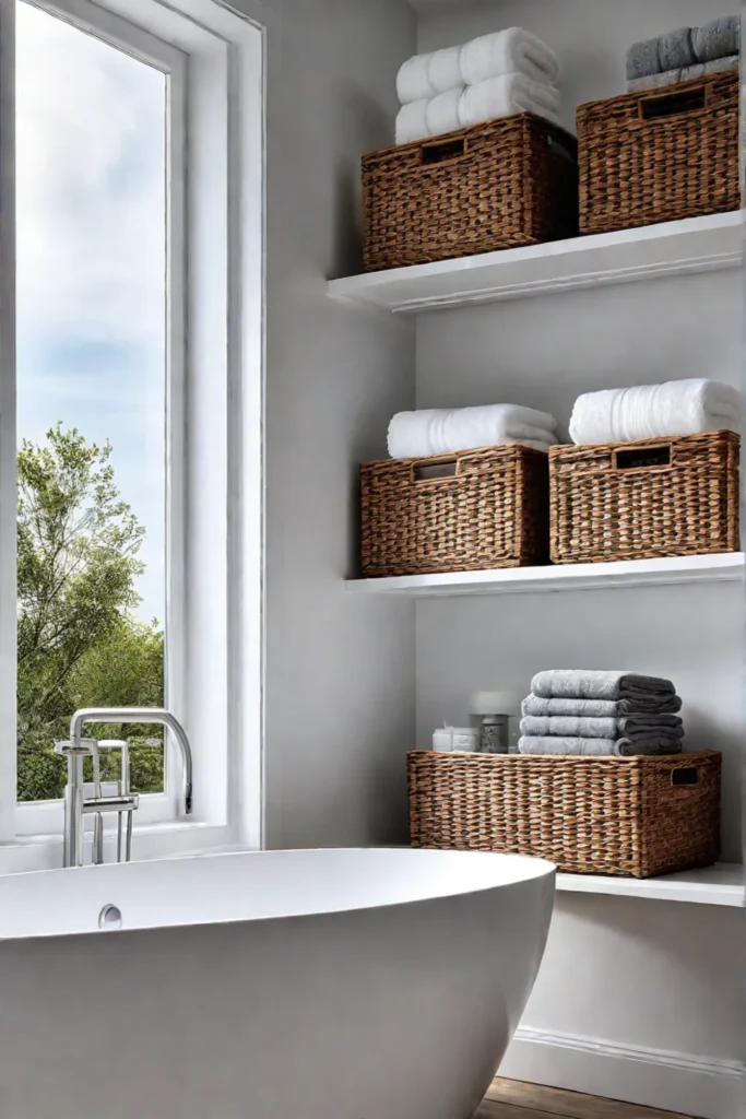 Maximizing space in a small bathroom with open shelving