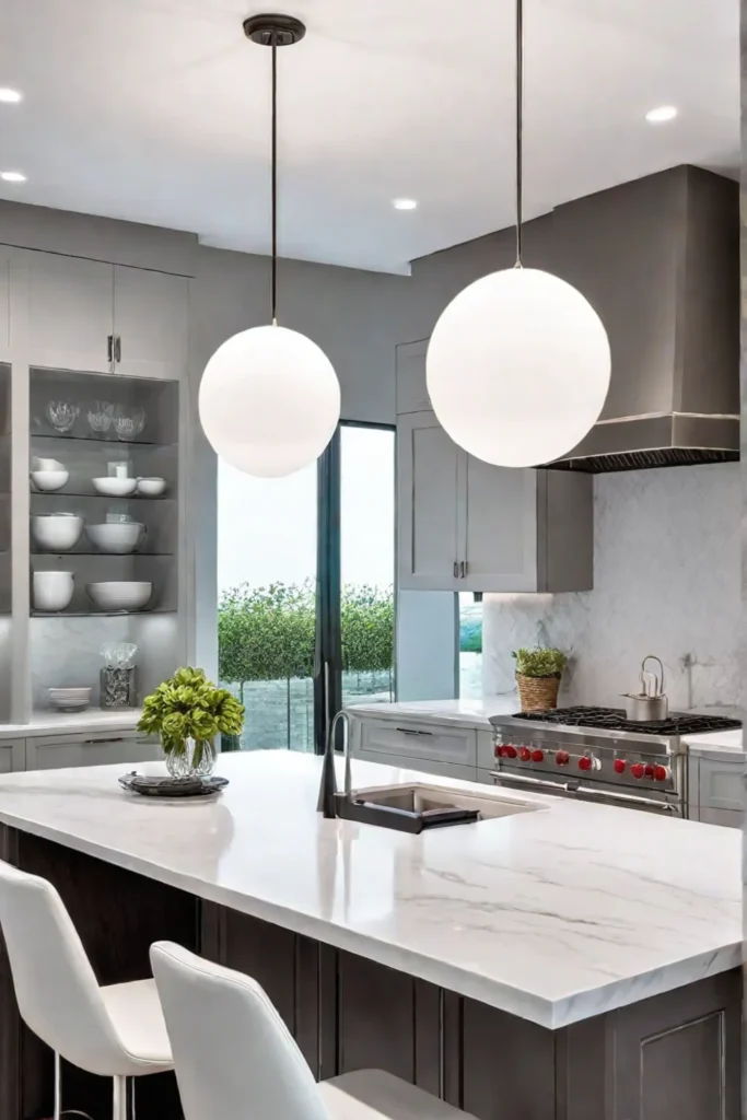 Minimalist kitchen with pendant lighting and white surfaces