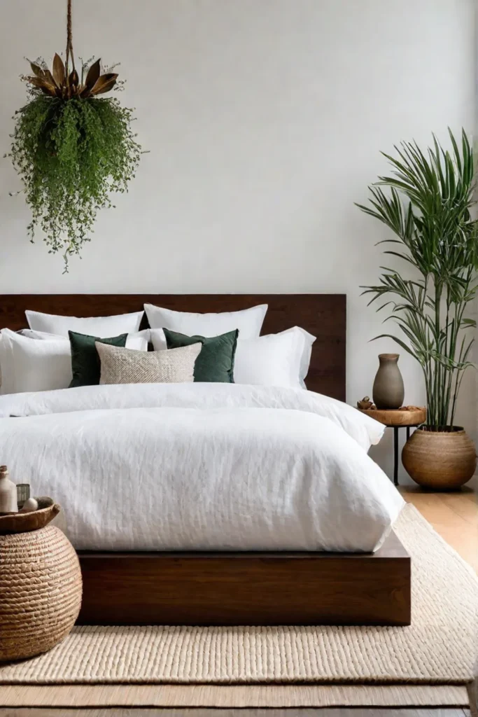 Minimalist bedroom with a low platform bed and thrifted ceramic vases
