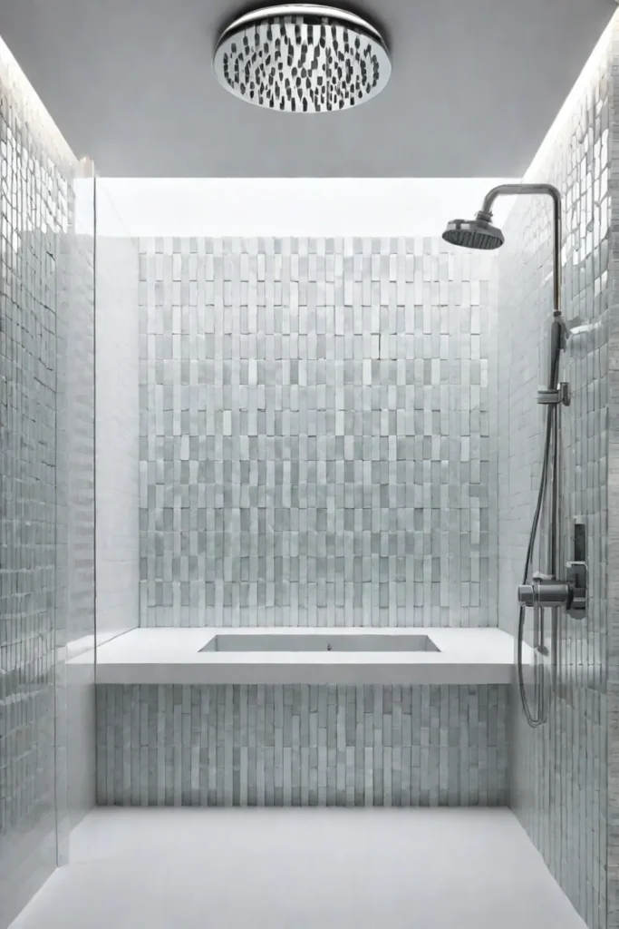 Minimalist shower with recycled glass tiles and a waterefficient showerhead