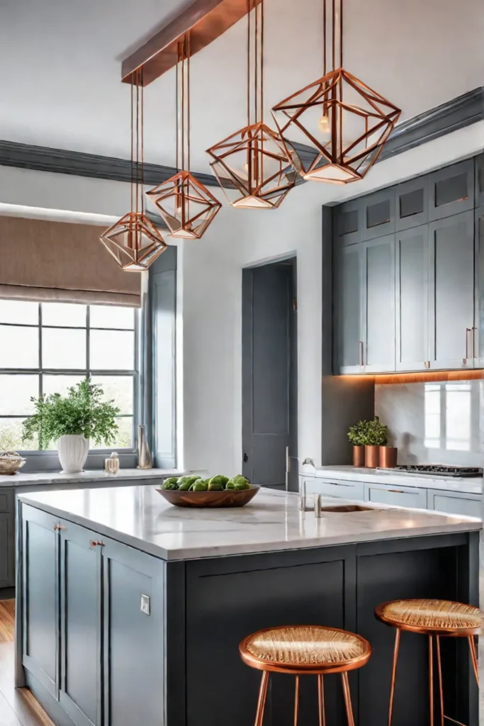 Modern kitchen with geometric copper pendant lights over a marble island