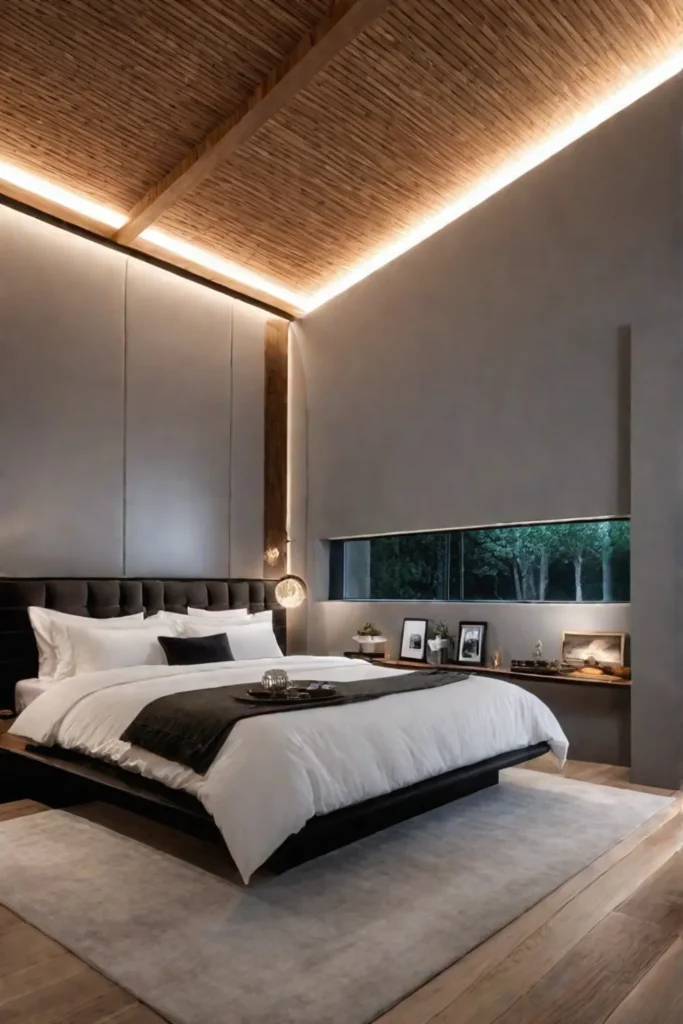 Modern bedroom with recessed and track lighting