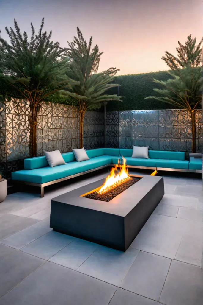 Modern concrete fire pit with minimalist furniture on a patio