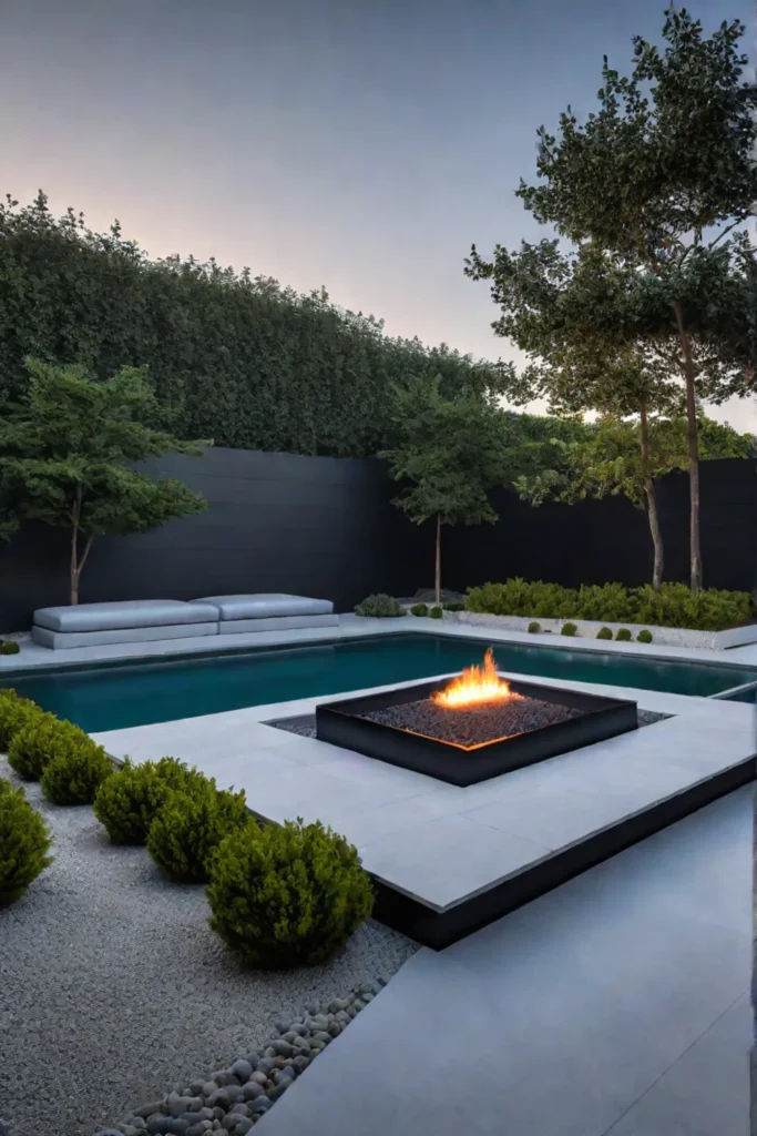 Modern fire pit with builtin seating and spotlights