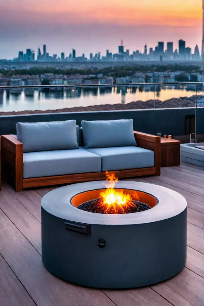 Modern rooftop fire pit with city view