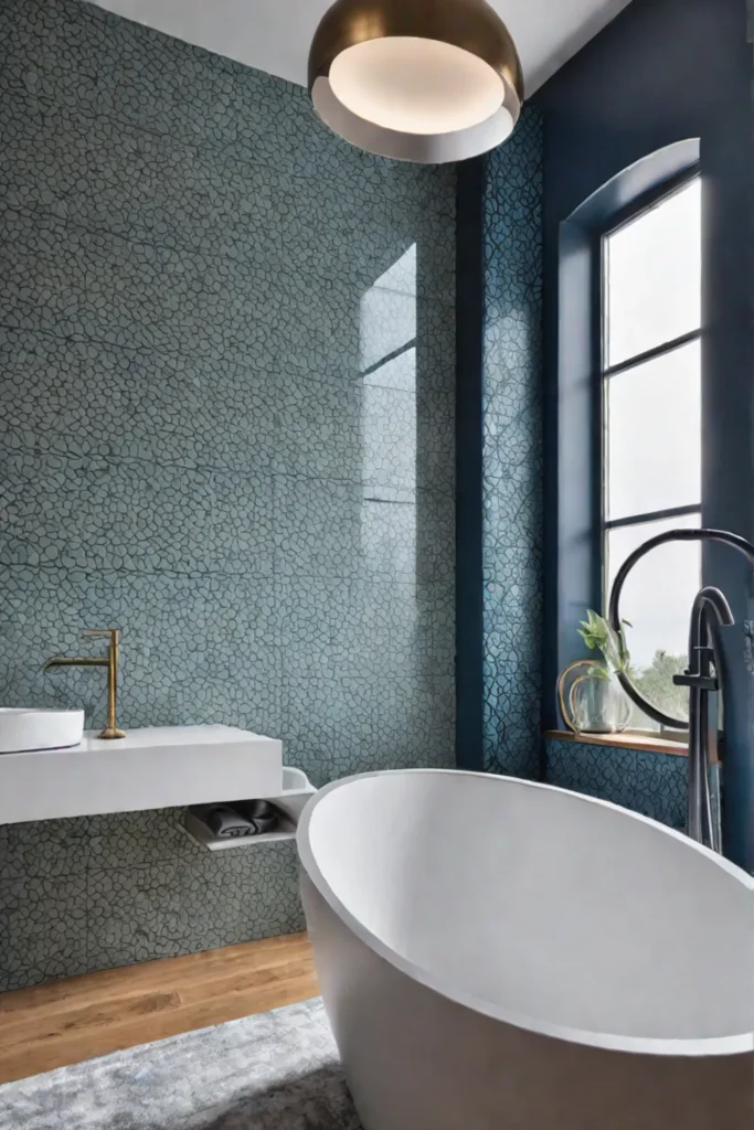 Mosaic tiles and a soaking tub creating a luxurious bathroom atmosphere