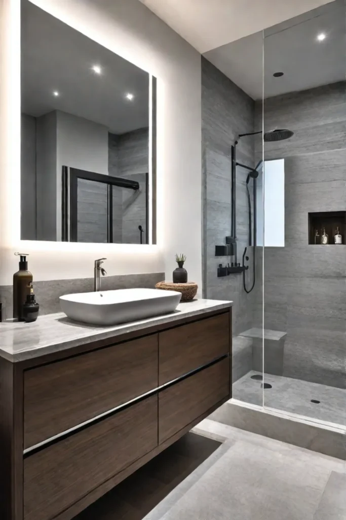 Natural materials and ample storage in a universally designed bathroom