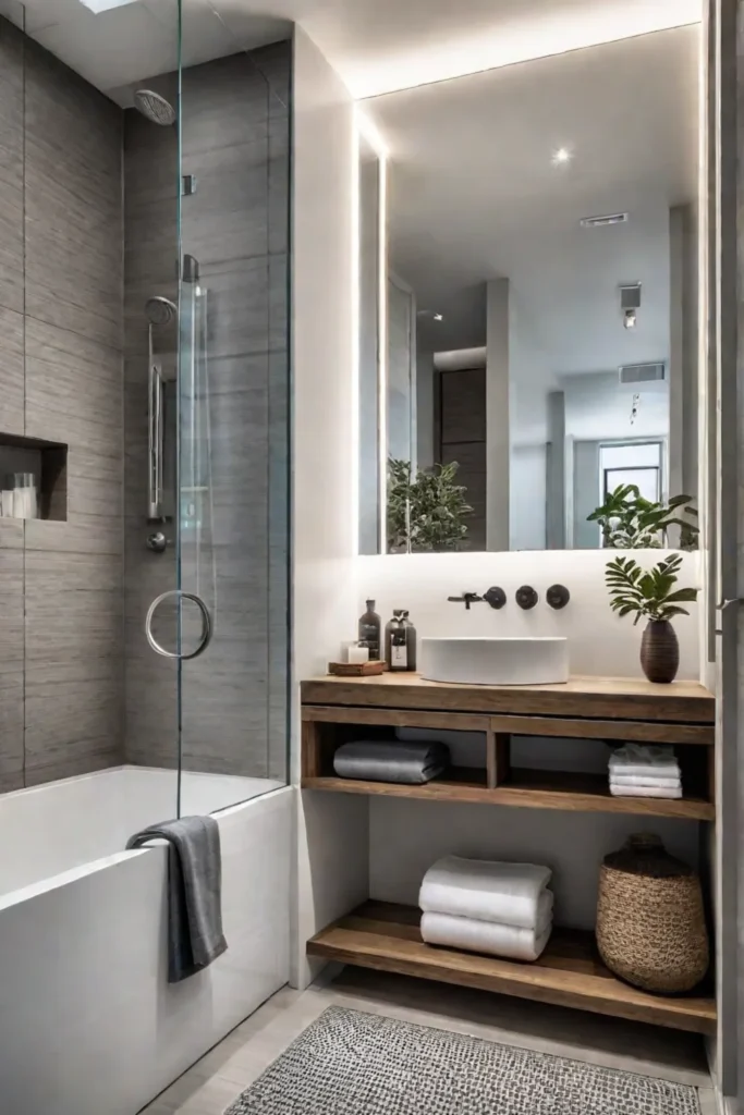 Neutral tones and natural light create a serene atmosphere in a compact bathroom