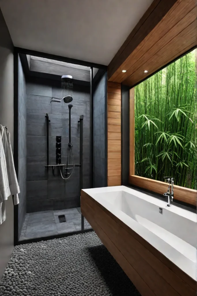 Open shower with natural materials and a garden view