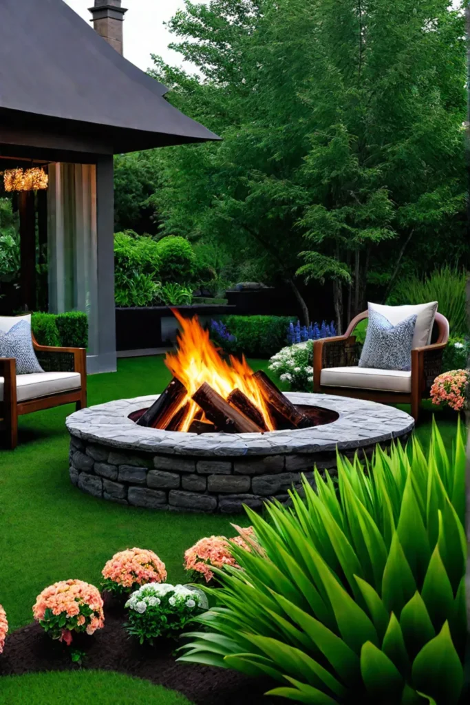 Organic and rustic charm with a stacked stone firepit