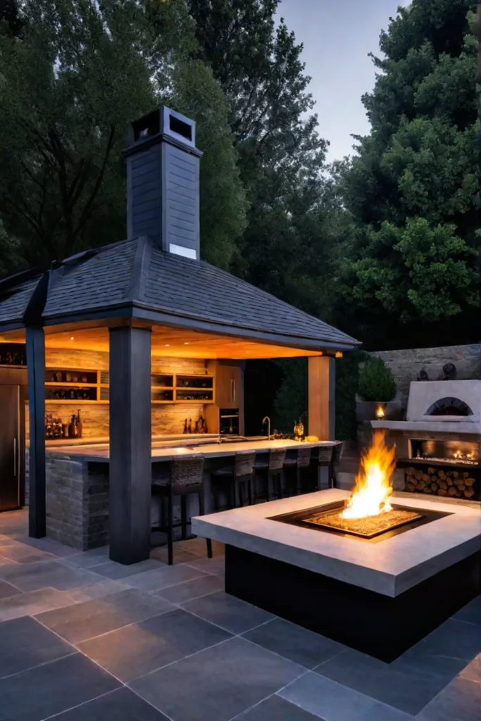Outdoor kitchen with a fire pit grill and bar seating