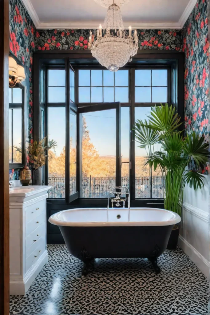 Patterned wallpaper and vintage elements personalize a small master bathroom