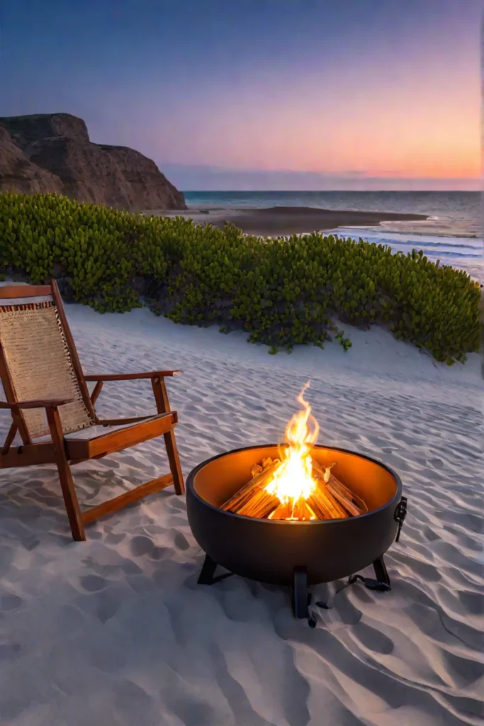 Portable fire pit on a beach with ocean view