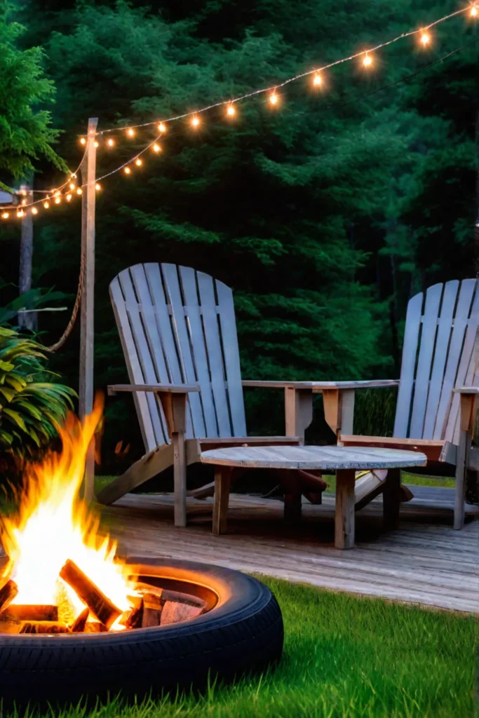 Repurposed tire firepit creates a warm ambiance in a backyard setting