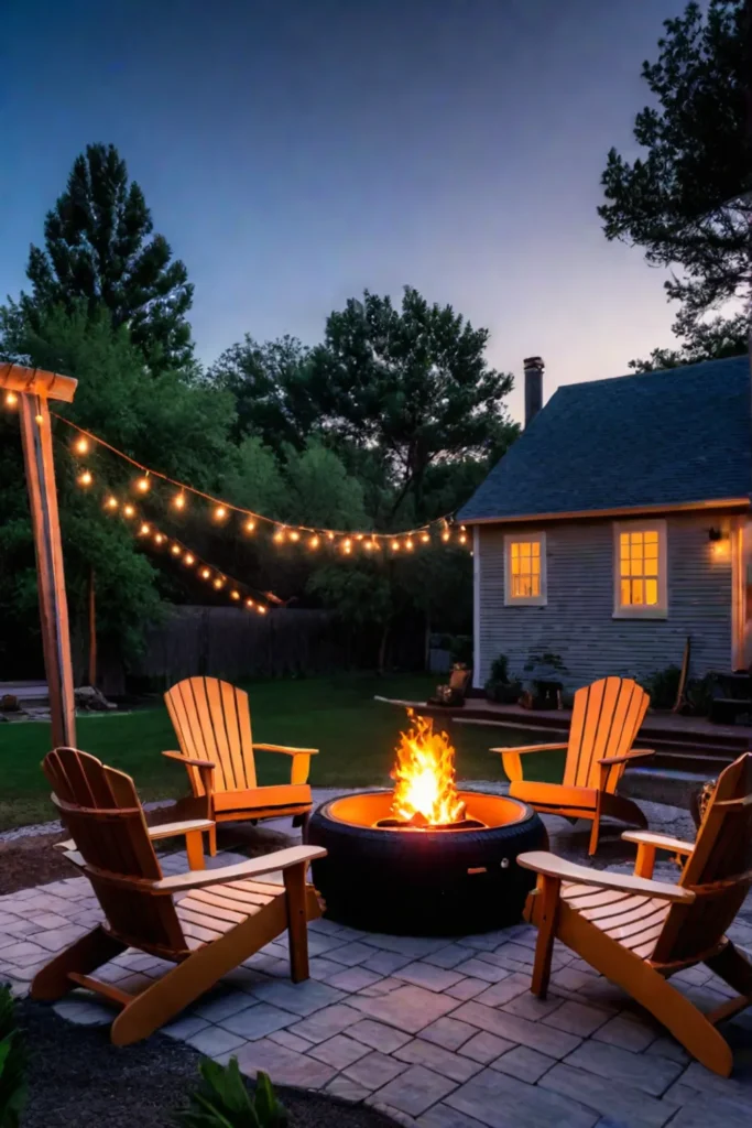 Rustic charm and sustainable design with a tire firepit as the focal point