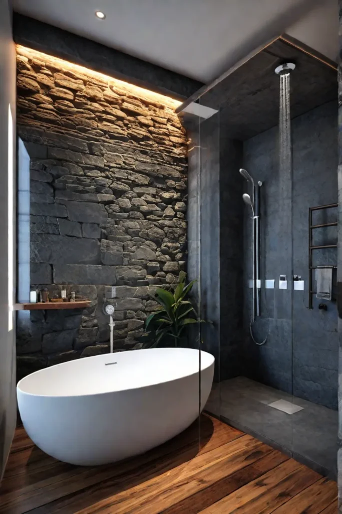 Rustic shower with natural stone and a waterefficient showerhead